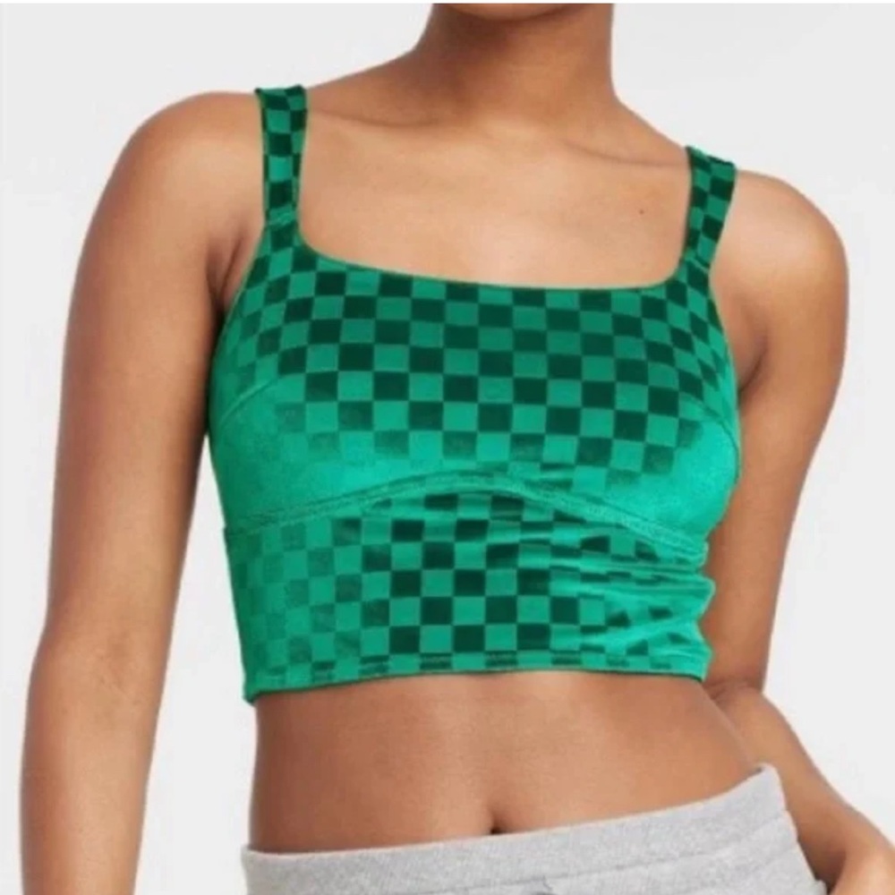 Colsie Green Checkered Velvet Brami Adjustable Straps Crop Tank Top set of 2 M.